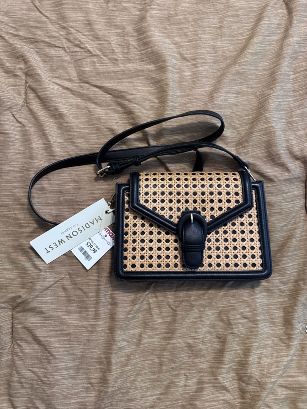 Madison West Black and Natural Woven Crossbody Satchel